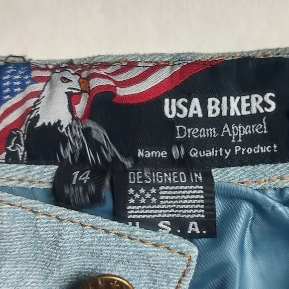 USA Bikers Dream Apparel Leather Blue Studded Pockets Boot Cut Pants Women's 14